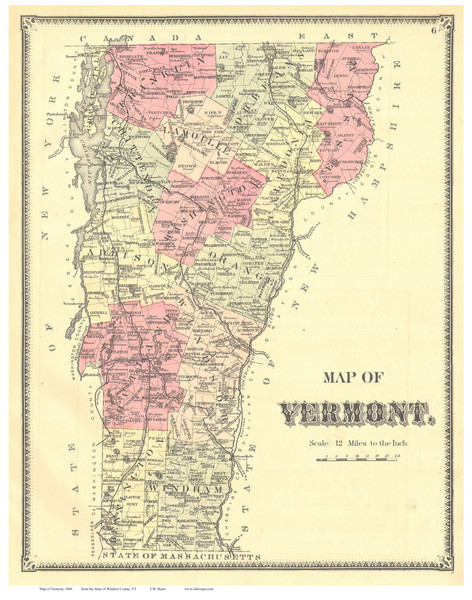 Vermont State Map 1869 - from the Windsor Co. Beers Atlas - Old Map Reprint