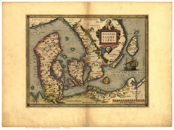 Denmark, 1570 Ortelius - Old Map Reprint - World