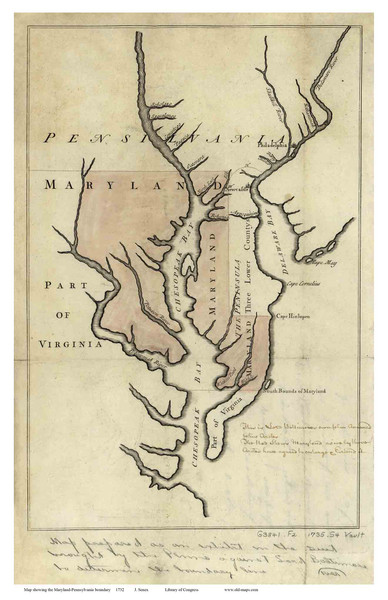 Chesapeake Bay 1732 - Senex - boundaries of Maryland - Old Map Reprint