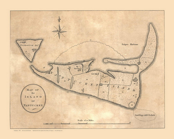 Map of the Island of Nantucket 1782  de Crevecour & Hector - Old Map Reprint 1-Town