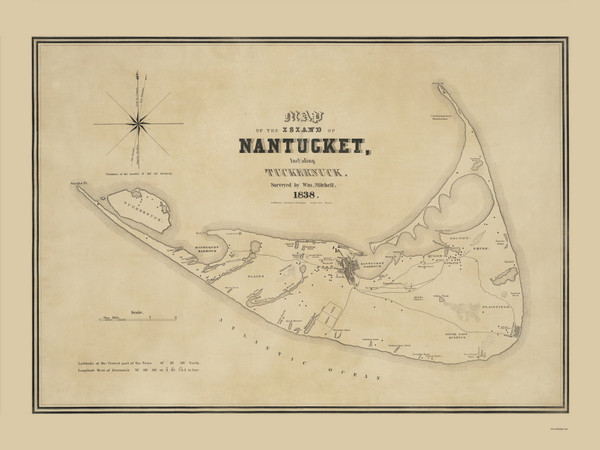 Map of the Island of Nantucket 1838 Wm. Mitchell - Old Map Reprint 1-Town