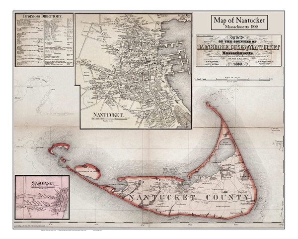 Nantucket 1858 Poster H.F. Walling - Old Map Custom Print 1-Town