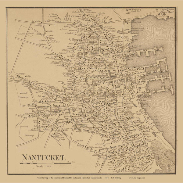 Nantucket Village (without business directory) - Massachusetts 1858 Old Town Map Custom Print - Nantucket Co.