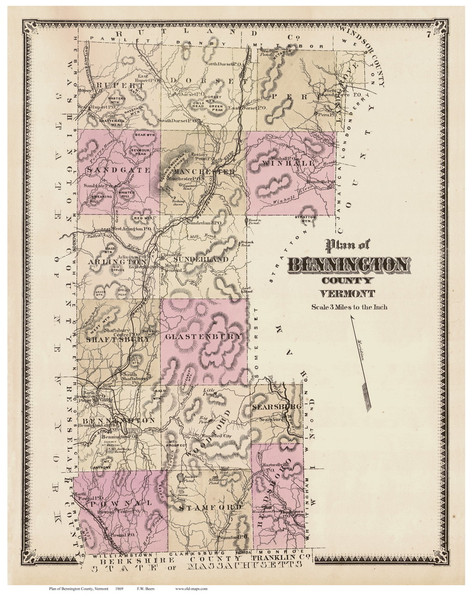 Bennington County Vermont 1869 - F.W. Beers - Old Map Reprint - VT County Other