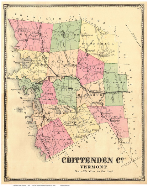 Chittenden County Vermont 1869 - F.W. Beers - Old Map Reprint - VT County Other