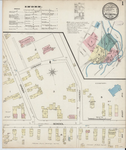Bellows Falls, VT Fire Insurance 1885 Sheet 1 - Old Town Map Reprint