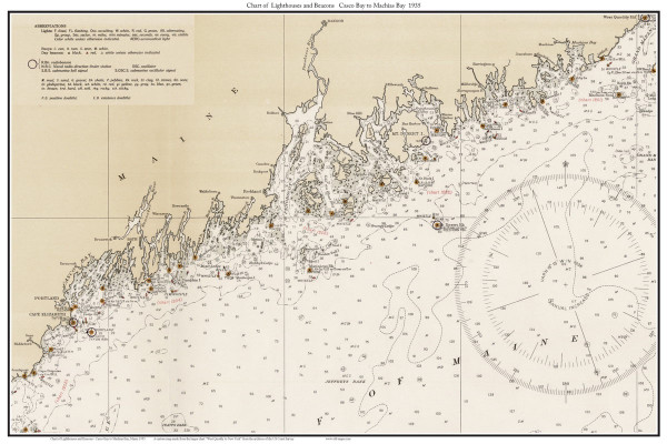 Chart of Lighthouses and Beacons - Casco Bay to Machias Bay 1935 - Old Map Custom Print Big Area 50-52