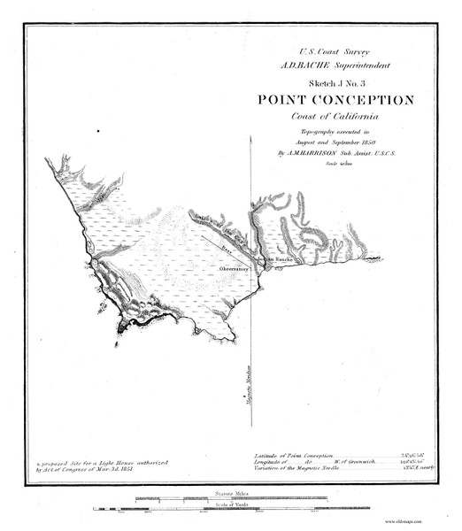Point Conception 1850 B&W Nautical Map Reprint 5300 California - Big Area 1890s