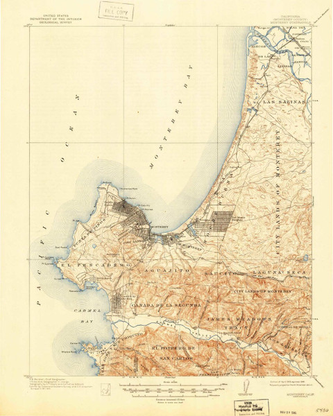 Monterey, California 1913 (1946) USGS Old Topo Map 15x15 Quad