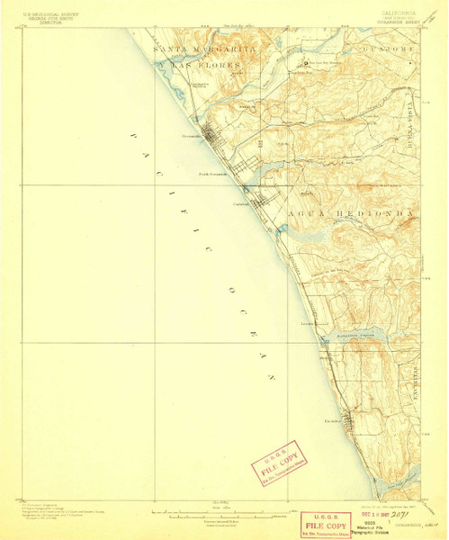 Oceanside, California 1901 (1907) USGS Old Topo Map 15x15 Quad