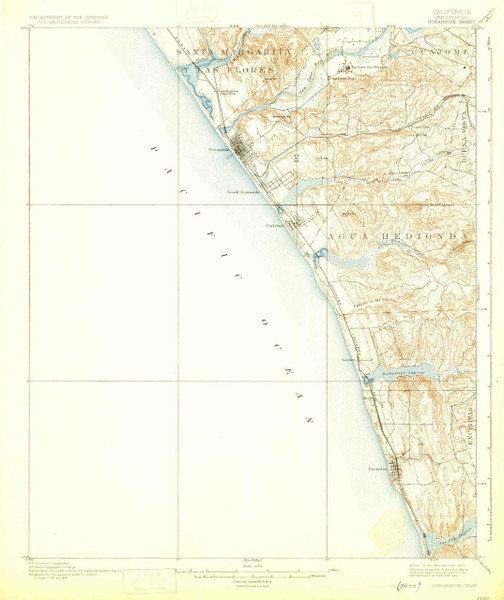 Oceanside, California 1901 (1925) USGS Old Topo Map 15x15 Quad