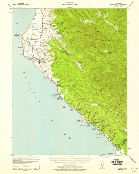 Point Arena, California 1943 (1958) USGS Old Topo Map 15x15 Quad