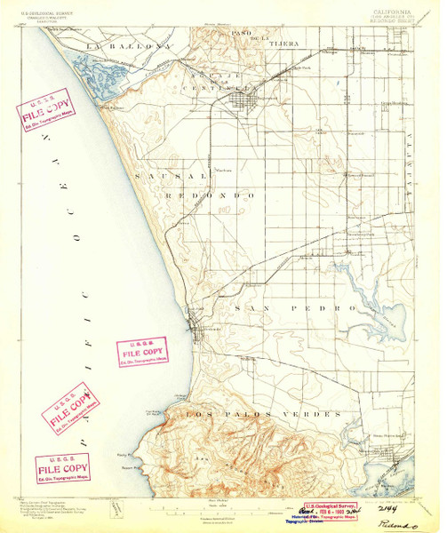 Redondo, California 1896 (1899) USGS Old Topo Map 15x15 Quad