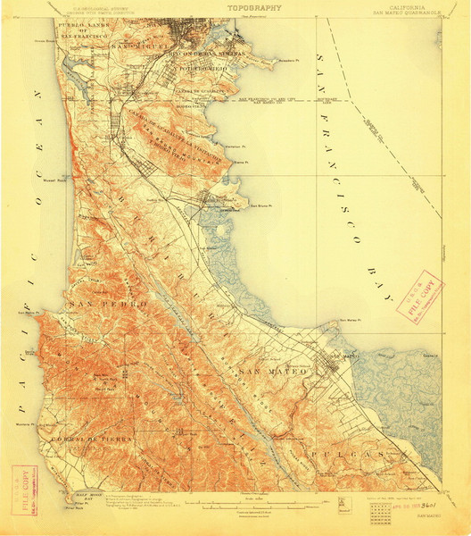 San Mateo, California 1899 (1917) USGS Old Topo Map 15x15 Quad