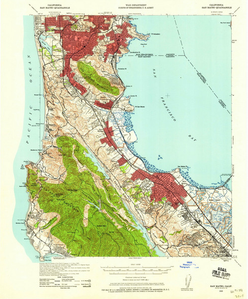 San Mateo, California 1939 (1958a) USGS Old Topo Map 15x15 Quad
