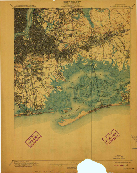 Brooklyn, New York 1900 (1910) USGS Old Topo Map 15x15 Quad