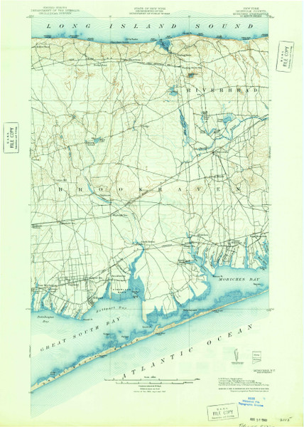 Moriches, New York 1904 (1942a) USGS Old Topo Map 15x15 Quad