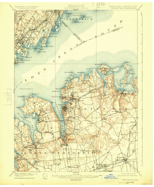 Oyster Bay, New York 1900 (1924) USGS Old Topo Map 15x15 Quad