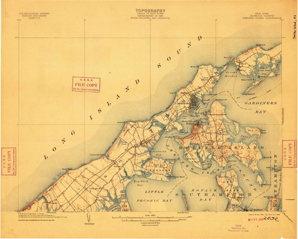 Shelter Island, New York 1904 (1909) USGS Old Topo Map 15x15 Quad
