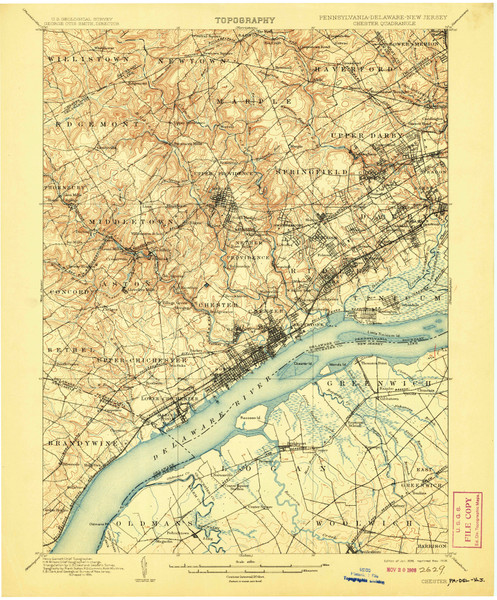 Chester, Pennsylvaniya 1898 (1908) USGS Old Topo Map 15x15 Quad