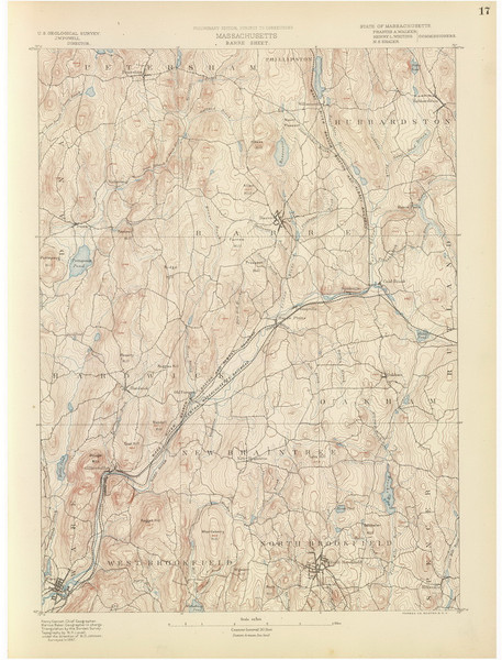 Barre, MA 1890 USGS Old Topo Map 15x15 Quad RSY