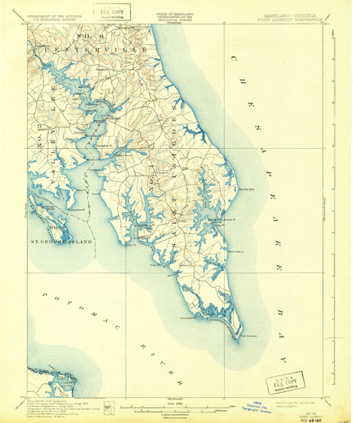 Pooint Lookout, Maryland 1912 (1932) USGS Old Topo Map 15x15 Quad