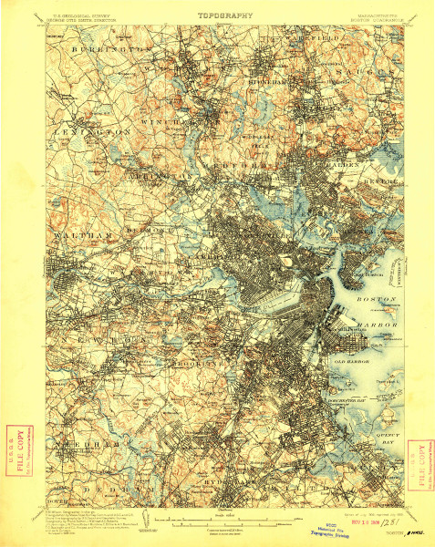 Boston, Massachusetts 1903 (1909) USGS Old Topo Map 15x15 Quad
