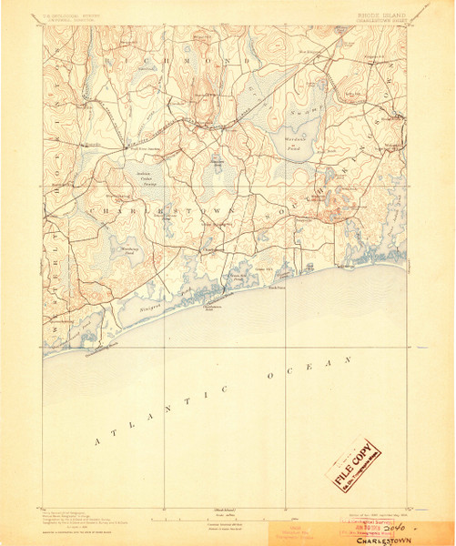 Charlestown, Rhode Island 1889 (1905) USGS Old Topo Map 15x15 Quad