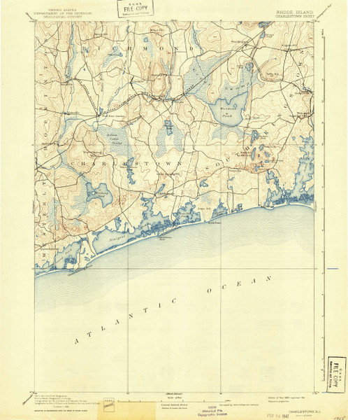 Charlestown, Rhode Island 1889 (1941) USGS Old Topo Map 15x15 Quad