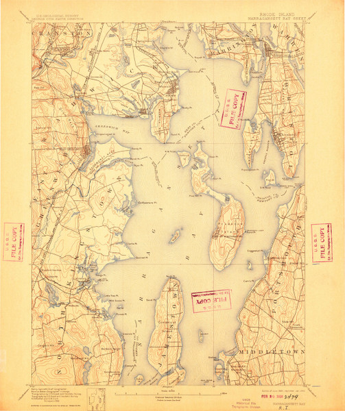 Narragansett Bay, Rhode Island 1892 (1910) USGS Old Topo Map 15x15 Quad