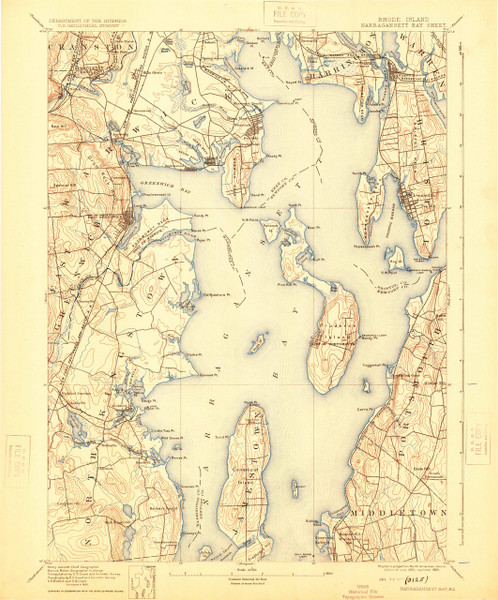 Narragansett Bay, Rhode Island 1892 (1924) USGS Old Topo Map 15x15 Quad