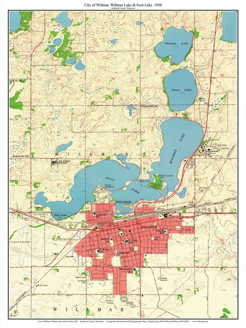 Willmar City Lake And Foot Lake 1958 Custom USGS Old Topo Map FootLake 1958 7x7 Custom Full 12x16 Web 