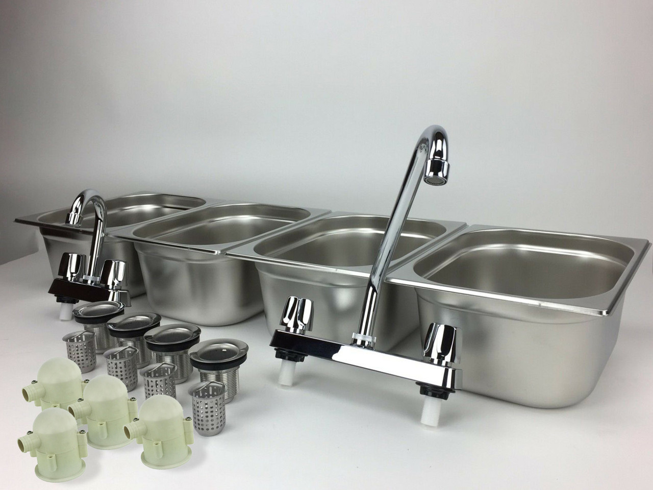 4 Large Compartment Concession Sink Portable 4 Traps Hand Washing Food Truck Trailer with large faucet angled view 