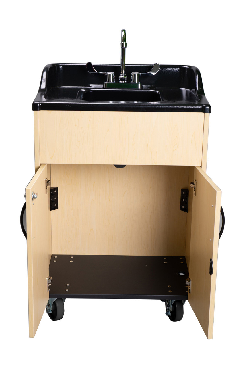 Premier Portable Handwashing Station with Hot Water front view maple Cabinet with Black Top