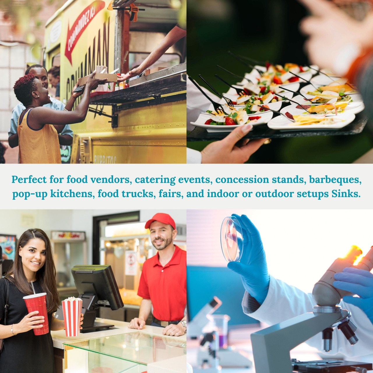 Collage showing various use cases for portable concession sinks including food trucks, outdoor catering, concession stands, and laboratories.