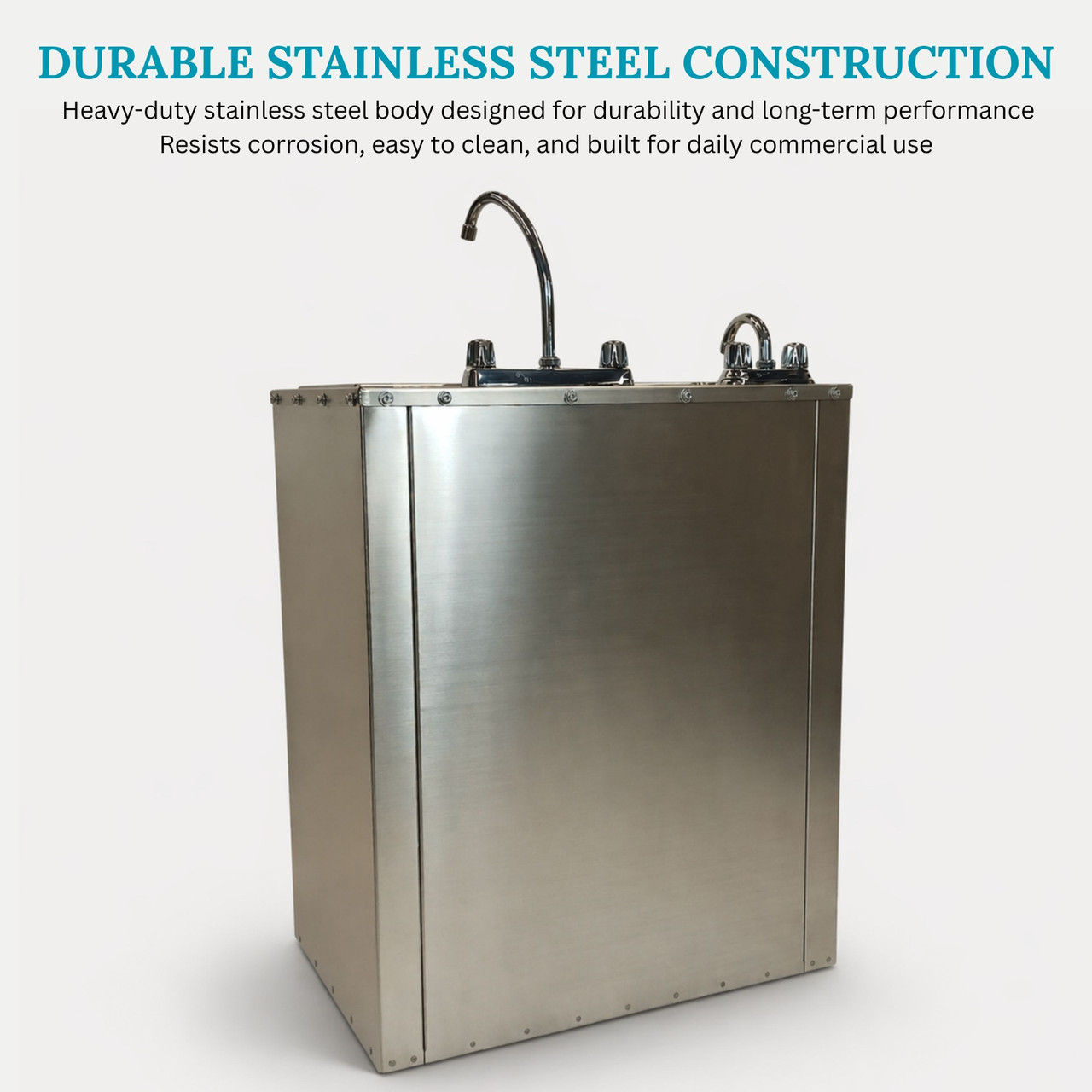 Rear view of the heavy-duty stainless steel construction of the portable sink, showcasing the durable, corrosion-resistant exterior.