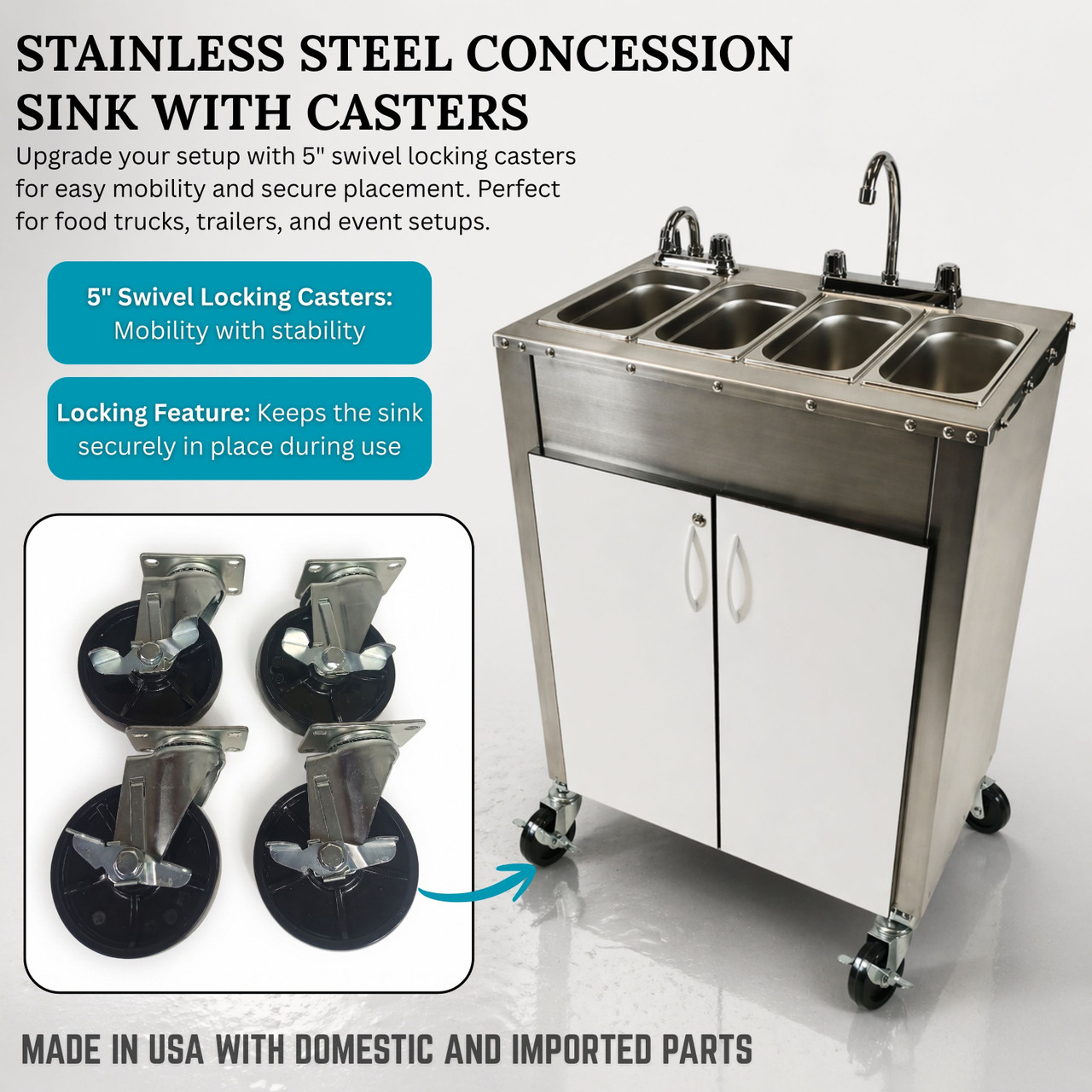 Stainless Steel Concession Sinks - 4 Compartment Portable Sink with Hot Water & Cold Water - Portable Concession Sink for Food Trucks, Concession Stands or Commercial Use (Sink with Casters)