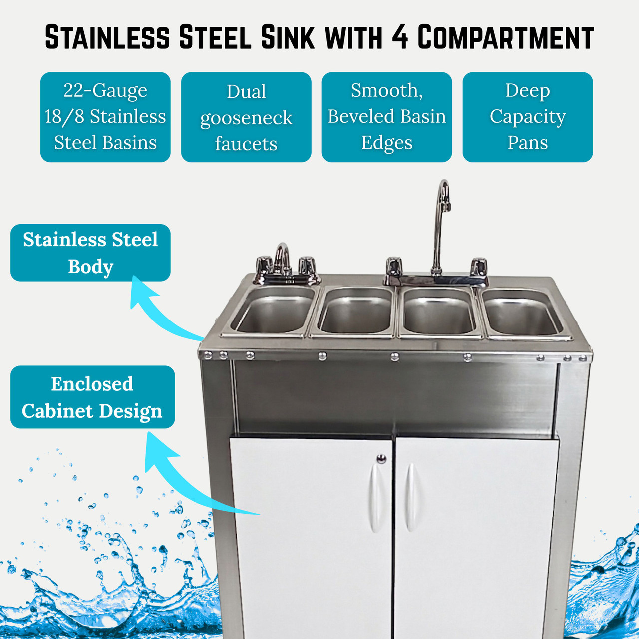 Stainless Steel Concession Sinks - 4 Compartment Portable Sink with Hot Water & Cold Water - Portable Concession Sink for Food Trucks, Concession Stands or Commercial Use (Sink with Casters)