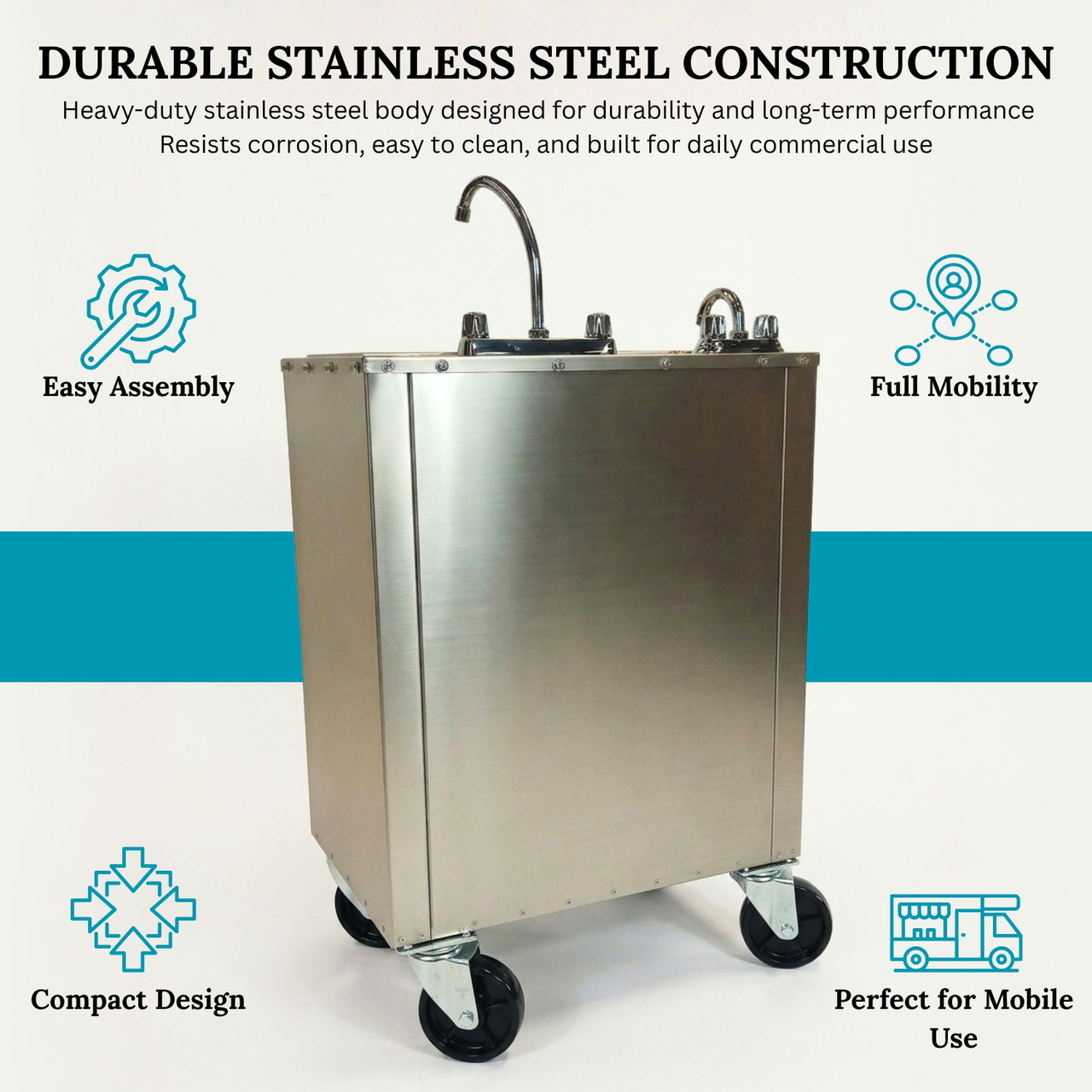 Stainless Steel Concession Sinks - 4 Compartment Portable Sink with Hot Water & Cold Water - Portable Concession Sink for Food Trucks, Concession Stands or Commercial Use (Sink with Casters)
