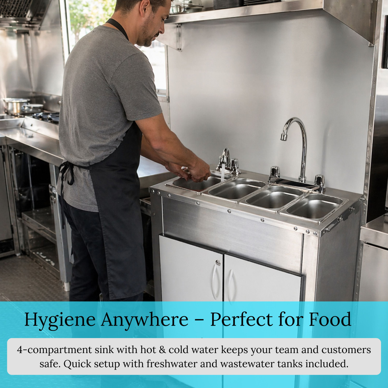 Stainless Steel Concession Sinks - 4 Compartment Portable Sink with Hot Water & Cold Water - Portable Concession Sink for Food Trucks, Concession Stands or Commercial Use (Sink with Casters)