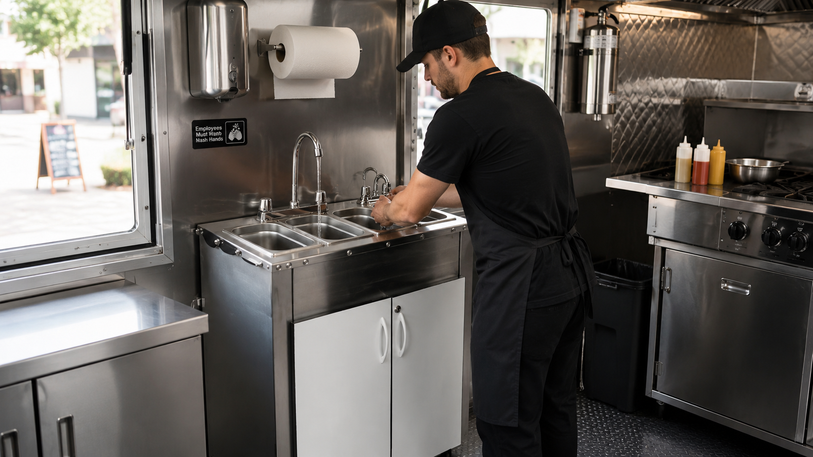 A food truck worker in a black uniform and cap washing his hands at a stainless steel four-compartment sink.