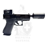 B&T Hush Puppy Set mit Glock 43X in 9 mm, kompaktem Mini‑JET-Schalldämpfer und Aimpoint-ACRO-P‑2-Leuchtpunktvisier