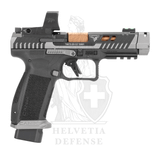 CANiK TTI Combat Smoke Selbstladepistole in 9 × 19 mm mit MECANIK-MO3-Leuchtpunktvisier, bronzefarbenem Kompensatorlauf und Smoke-Cerakote-Finish