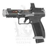 CANiK TTI Combat Smoke Selbstladepistole in 9 × 19 mm mit MECANIK-MO3-Leuchtpunktvisier, bronzefarbenem Kompensatorlauf und Smoke-Cerakote-Finish
