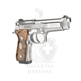 Beretta 92 FS Fusion Swiss Edition Sammlerpistole in 9 × 19 mm mit blumenverziertem Verschluss und Holzgriffen mit silbernem PB-Logo, limitiert auf 10 ausschließlich für die Schweiz bestimmte Exemplare