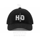 Helvetia Defense Black Cap with white embroidered HD front logo, rear lettering and adjustable strap