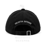 Helvetia Defense Black Cap with white embroidered HD front logo, rear lettering and adjustable strap