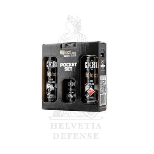 RifleCX Pocket Set kompaktes Waffenpflegeset mit Gun Cleaner 200 ml, Teflon Care Spray 200 ml und CLP-Öl 100 ml in Geschenkbox – Helvetia Defense Genf