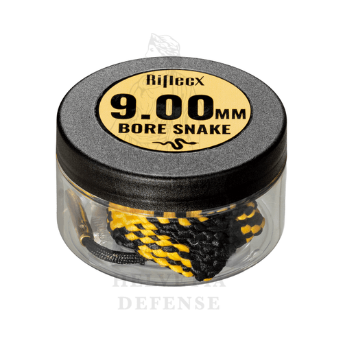 RifleCX Bore Snake Laufreinigungsschnur Kaliber 9mm .357 .38 mit Messinggewicht und zwei Bronzebürsten für Pistole und Revolver – Helvetia Defense Genf