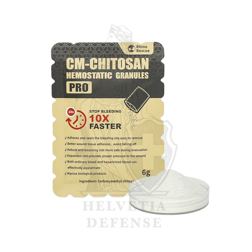 Rhino Rescue CM-Chitosan hämostatische Granulate 6g mit Spritzenapplikator – schnelle Gerinnung ohne Hitze, wirksam bei Hypothermie und Antikoagulantien – CE FDA zertifiziert – Helvetia Defense Genf